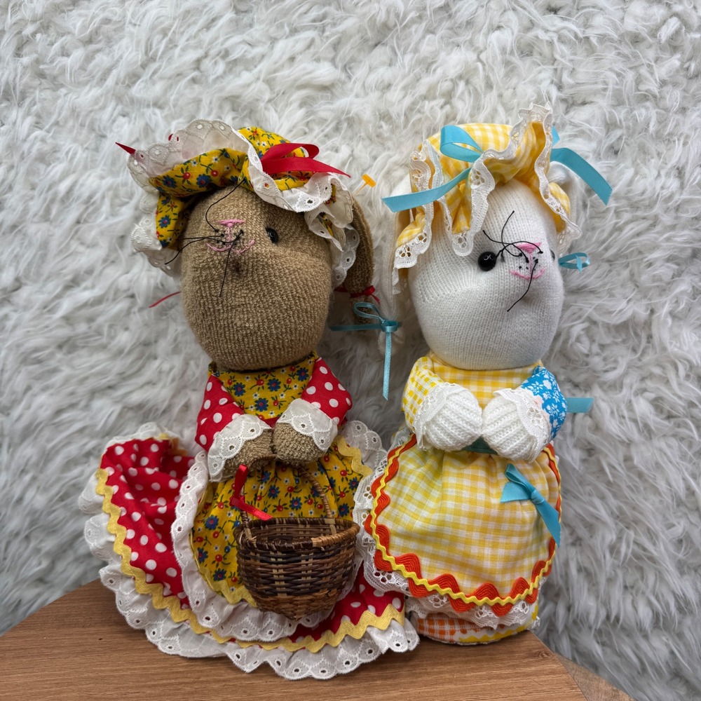 Easter Bunny Sock Dolls Handmade‎ Spring Decor Set of 2 Yellow Gingham Polka Dot